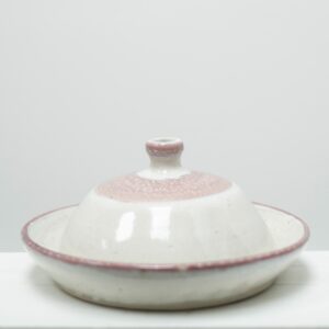 Stunning Pink and Cream Butter Dish with glass purple/blue glass knob