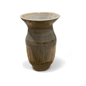 Flared top limestone coloured vase with oxide detailing